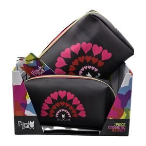French Bull Dog 2 Piece Set Cosmetic Black Pink Hearts Makeup Travel Organizer
